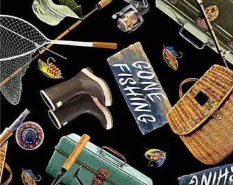 Gone Fishing, Fish, Fishing Gear Fabric! 100% Cotton.  1/4, 1/2, or 1 yd x 45"! Awesome Print By Timeless Treasures•Customer Fav! Fast Ship!