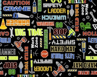 Peut inclure: Un fond noir est recouvert de mots et d'outils colorés sur le thème de la construction. Les mots incluent "CAUTION", "DIG TIME", "SAFETY" et "HARD HAT". Des outils comme des marteaux, des tournevis et des perceuses sont également présents.