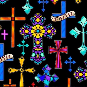 May include: A repeating pattern of colorful crosses on a black background. The crosses are in various styles and colors, including orange, blue, purple, and red. Some crosses have the word "FAITH" on a banner.