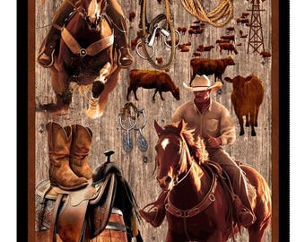 New! "Spurs And Spirits" 24" Rodeo, Western, Cowboy Fabric Panel! 100% Cotton•24"x 44"! By Blank Quilting! Fast Ship!