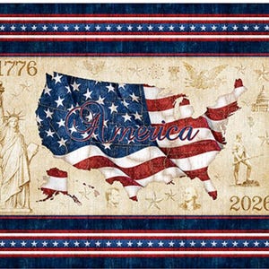 May include: A patriotic design featuring the USA map with a waving flag pattern in red, white, and blue. The word "America" is overlaid on the map. The image includes the Statue of Liberty, the Capitol building, and the numbers "1776" and "2026".