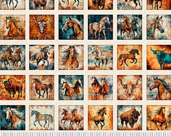 New! "Born To Run" Horses and Bulls Picture Patches, Western Fabric! 100% Cotton• 1/2, or 1 yd x 44"! By Quilting Treasures! Fast Ship!