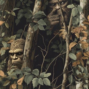 May include: An artistic illustration of a Bigfoot creature peering from behind trees and foliage. The artwork features a detailed depiction of the creature's face, with a focus on its fur and facial features. The color palette includes shades of brown, green, and tan.