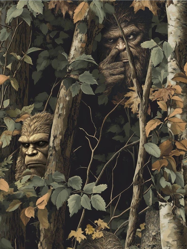 May include: An artistic illustration of a Bigfoot creature peering from behind trees and foliage. The artwork features a detailed depiction of the creature's face, with a focus on its fur and facial features. The color palette includes shades of brown, green, and tan.
