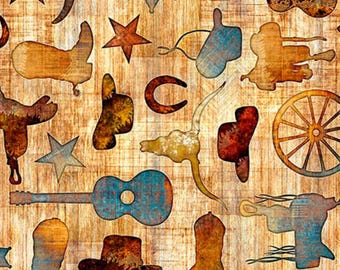 New! "Born To Run" Saddles, Boots, Western Motifs Fabric! 100% Cotton•1/4, 1/2, 1 yd x 44"! By Quilting Treasures! Rust/Multi•Fast Ship!