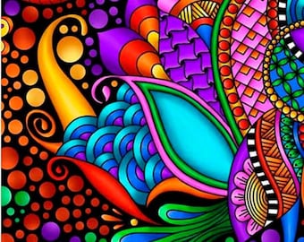 Novidade! Tecido floral geométrico "Carnivale" para o Mardi Gras! 100% algodão • 1/4, 1/2, 1 jarda x 112 cm (44") Cores vibrantes! Preto/Multicolorido • O favorito dos clientes! Envio rápido!
