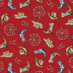 ¡Nuevo! Tela "Western View" con motivo del suroeste y botas vaqueras. 100 % algodón. 1/4, 1/2, 1 yarda x 44 pulgadas. ¡De Henry Glass Fabrics! Rojo • ¡Envío rápido!