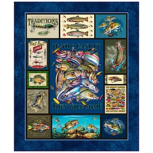 May include: A fabric panel featuring a collage of fishing-themed illustrations, including various fish species, colorful lures, and the text "IF YOU CAST IT THEY WILL COME" in the center, surrounded by "AMERICAN ANGLING TRADITIONS" and "BEST BAIT LURES".