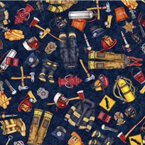 New! "American Heroes Firefighter" Everything Firefighter Fabric•100% Cotton•1/4, 1/2, or 1 yd x 44"•Navy•By Dan Morris! Cust Fav!Fast Ship!