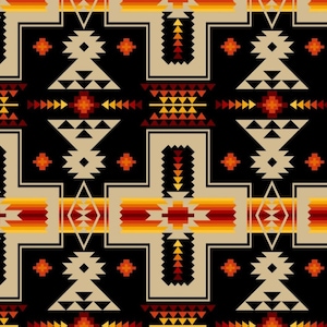 Puede incluir: Un patrón sin costuras con un diseño geométrico en tonos de naranja, rojo, amarillo y negro. El patrón recuerda al arte nativo americano.