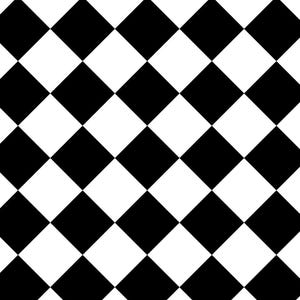 Könnte beinhalten: Ein sich wiederholendes Muster aus schwarzen und weißen Quadraten, das ein Schachbrettmuster bildet. Die Quadrate sind gleichmäßig groß und diagonal über das Bild angeordnet, was einen klassischen und kühnen Look ergibt.