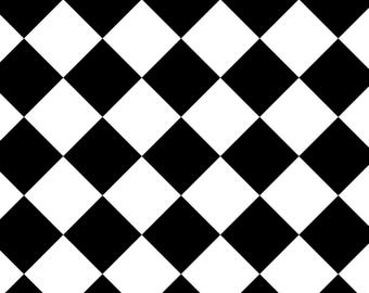 May include: A repeating pattern of black and white squares, creating a checkerboard design. The squares are evenly sized and arranged diagonally across the image, offering a classic and bold visual.