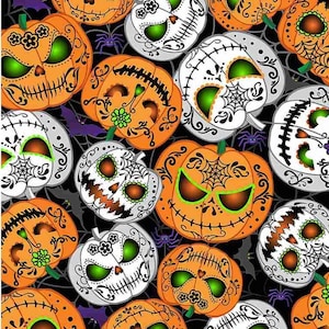 May include: A seamless pattern featuring orange and white pumpkins with skull faces and intricate designs. The pumpkins are set against a black background with spiderwebs and bats.