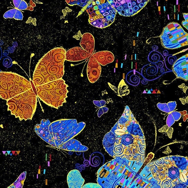 New! "Wings Of Gold" Large Flying Metallic Butterflies Fabric! 100% Cotton. 1/4, 1/2, or 1 yd x 45"! Black/Multi•Timeless Tresures•Fast Ship