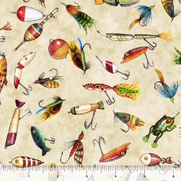 New! "Fish Tails" Fishing Lures, Fish, Fishing Fabric! 100% Cotton. 1/4, 1/2, or 1 yd x 44"! Cream/Multi•By QT Fabrics! Ships Soon!