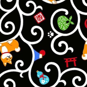 New! &quot;Shiba&quot; Shiba Inu, Dog, Dogs Fabric! 100% Cotton. 1/4, 1/2, or 1 yd x 44&quot;! Black/Multi. So Pretty, & Unique! Same Day Ship!