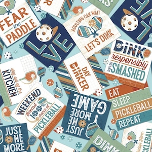 New! &quot;Pickleball Champ&quot; Tossed Pickleball Patches Fabric! 100% Cotton•1/4, 1/2, or 1yd x 45&quot;•Lt Turqoise/Multi•Fast Ship!