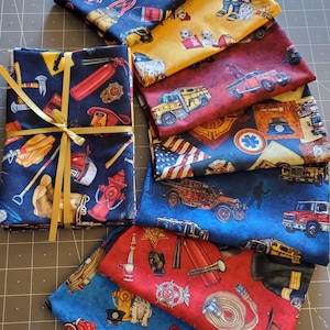 New! "American Heroes Firefighter" Fireman, Dalmations, and Firetrucks 7 Pc Fat Quarter Fabric Bundle•100% Cotton•Dan Morris! Fast Ship!