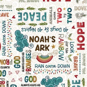 New! &quot;Two By Two&quot; Noah&#39;s Ark Words, Religious, Nursery Fabric! 100% Cotton•1/4, 1/2, or 1 yd x 43&quot;! Wh/Multi•By Henry Glass! Fast Ship!