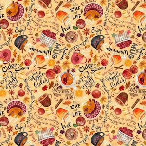 New! &quot;Cider Season&quot; Apple Cider and Text Fabric! 100% Cotton. 1/4, or 1/2 yd x 45&quot;! By Timeless Treasures•Fast Ship! Almost Gone!