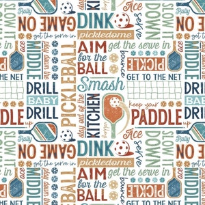 New! &quot;Pickleball Champ&quot; Four Way Text Pickleball Fabric! 100% Cotton•1/4, 1/2, or 1 yd x 45&quot;•White/Multi•Fast Ship!
