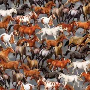 New! &quot;Yellowstone&quot; Running Horses, Horse Fabric! 100% Cotton. 1/4, 1/2, or 1 yd x 43&quot;! By Kanvas Studio•Lt Blue/Grey/Multi•Fast Ship!