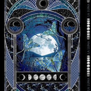 May include: A celestial-themed fabric panel featuring a full moon, butterflies, and a night sky. The design incorporates shades of blue, teal, and silver, with a border of geometric patterns and the text "LA LUNA". The panel includes a series of moon phases.