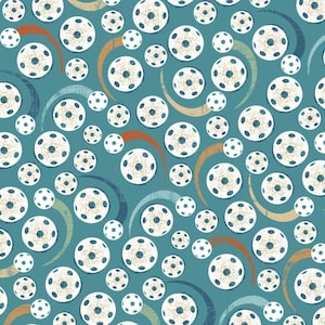 New! &quot;Pickleball Champ&quot; Tossed Pickleballs Fabric! 100% Cotton•1/4, 1/2, or 1 yd x 45&quot; Turquoise•Cust Fav! Fast Ship!