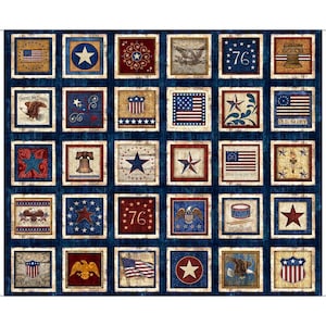 May include: A patriotic patchwork fabric with a blue background. Each square features American symbols like flags, stars, eagles, and the Liberty Bell. The squares are framed in a dark blue, creating a vintage, Americana aesthetic.