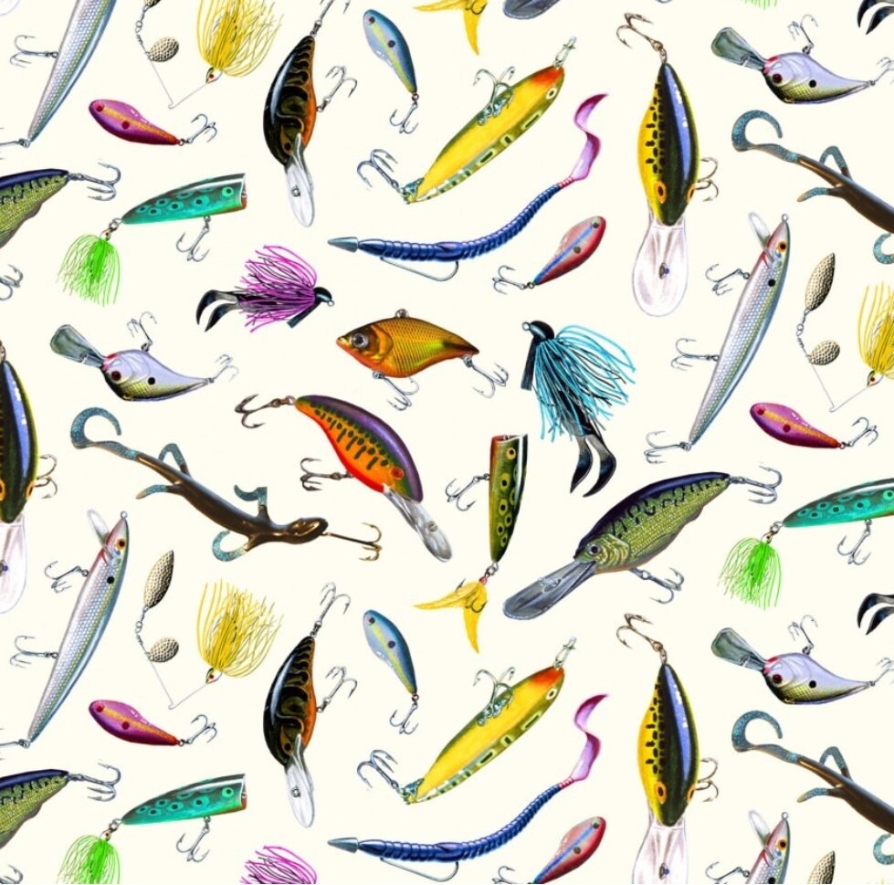 fabric with fishing lures QT Green The Lure of Fishing by the Quarter Yard  World Weidner New! "tight Lines" Fishing Lures,