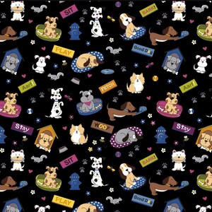 May include: A black and white seamless pattern featuring various dog breeds in different poses, including sitting, sleeping, playing fetch, and barking. The pattern also includes dog bones, paw prints, and other dog-related objects. The words "Aarf!", "Stay", "SIT", "PLAY", "FETCH", "WOOF", and "BARK!" are repeated throughout the pattern.