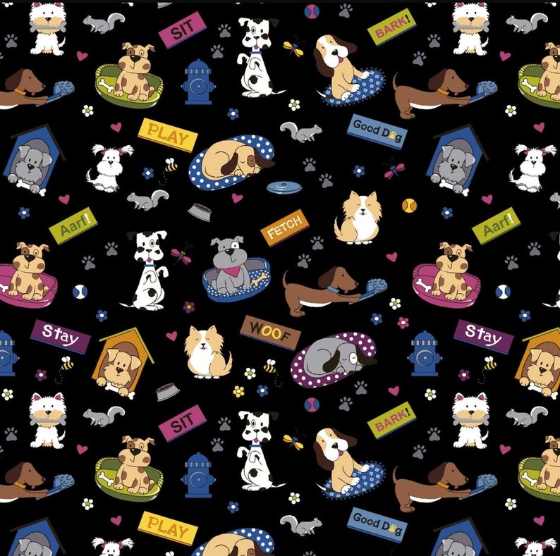 May include: A black and white seamless pattern featuring various dog breeds in different poses, including sitting, sleeping, playing fetch, and barking. The pattern also includes dog bones, paw prints, and other dog-related objects. The words "Aarf!", "Stay", "SIT", "PLAY", "FETCH", "WOOF", and "BARK!" are repeated throughout the pattern.