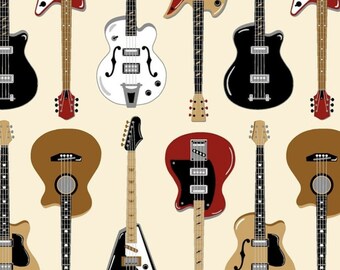 New! "Let's Music" Electric Guitar, Musical Instrument, Music Fabric! 100% Cotton Oxford •1/4, 1/2, or 1 yd x 44"! Cream Background• Fast Sh