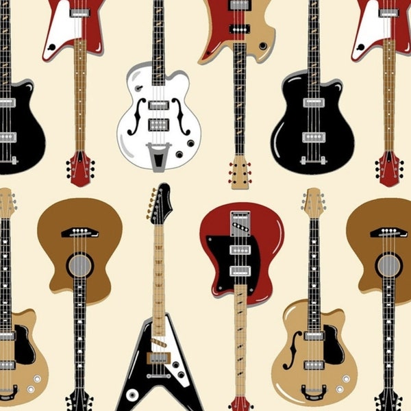 New! "Let's Music" Electric Guitar, Musical Instrument, Music Fabric! 100% Cotton Oxford •1/4, 1/2, or 1 yd x 44"! Cream Background• Fast Sh