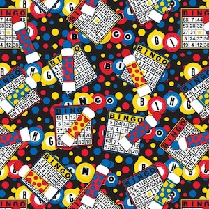May include: A colorful pattern featuring bingo cards, bingo markers, and bingo balls. The cards display numbers and the word "BINGO" in a bold font. The markers are red, yellow, and blue with white tops. The background is black with red, yellow, and blue dots.