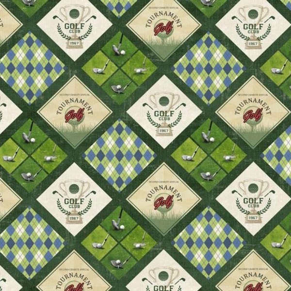 New! "Tee Time!" Golf Frame Up, Argyle, Golfing Fabric! 100% Cotton•1/4, 1/2, 1 yd x 44"!  By Clothworks! Customer Favorite! Fast Ship!