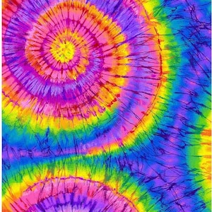 Pode incluir: Um padr&atilde;o tie-dye colorido com redemoinhos de rosa, amarelo, azul e verde.
