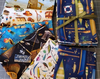 New! Look,New Prints! Fishing Themed 10) Pc Fat Quarter Fabric Bundle! 100% Cotton. Each 18" x 22"•Awesome Fabric Bundle! Fast FREE Ship!