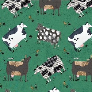 New! &quot;On The Farm&quot; Udderly Cows, Cow Fabric! 100% Cotton. 1/4, 1/2, or 1 yd x 44&quot;! Teal Background. So Cute! Same Day Ship! SALE!
