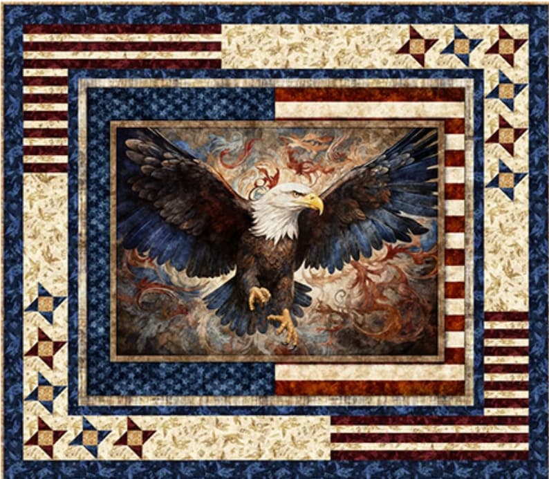 May include: A patriotic quilt featuring a majestic bald eagle with outstretched wings. The quilt showcases a central image of the eagle, framed by borders of red and white stripes, blue stars, and floral patterns, evoking an American flag theme.