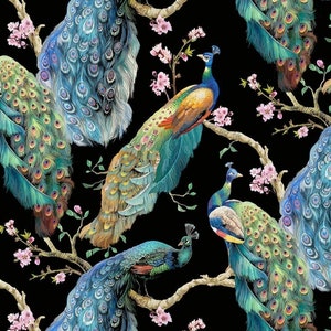 Nowość! Elegancki paw na gałęziach &quot;Flourish&quot;, materiał w pawie! 100% bawełna • 104,5 cm x 113,5 cm! Wow! Od Timeless Treasures! Szybka wysyłka! Ostatnia sztuka!