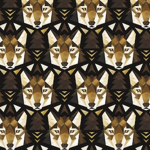 May include: A repeating pattern featuring stylized wolf heads rendered in geometric shapes. The design incorporates shades of brown, tan, white, and gold against a solid black background, with small triangular accents between the wolf heads.