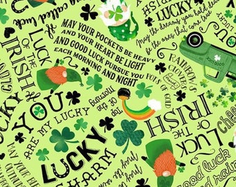 Nieuw! St. Patrick's Day-citaten 'Luck Of The Irish', klavertje vier! 100% katoen•1/4, 1/2 of 1 x 45"•Groen/multi•Snel verzonden!