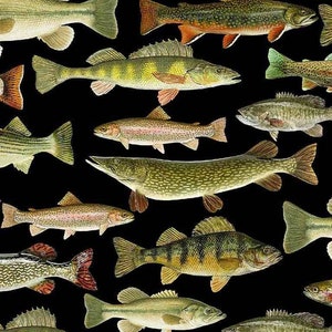 May include: A pattern of various fish illustrations on a black background. The fish are depicted in shades of green, yellow, orange, and brown, showcasing detailed scales and fins. The arrangement creates a dynamic and visually engaging design, suitable for aquatic-themed products.