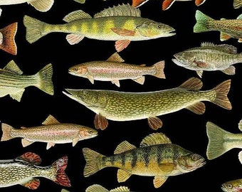 Fishing Fabric by Timeless Treasures, Fish Fabric, Lakeside Cabin, Trout,  Bass, Salmon, Cabin, Lakehouse Fabric 