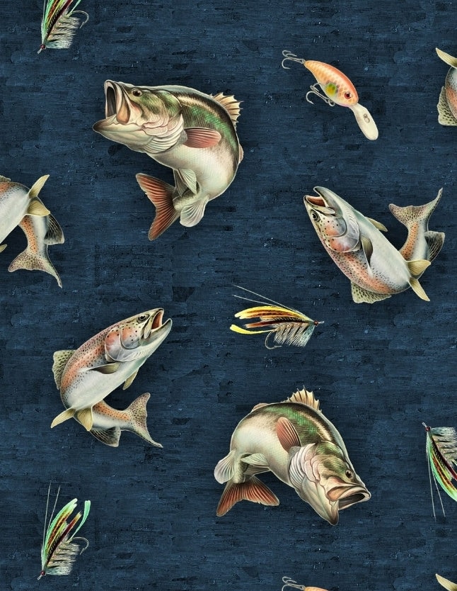 New! Back Country Trout, Bass, Fishing Lures Fabric! 100% Cotton. 1/4,  1/2, or 1 yd x 44! Navy Blue by Clothworks! Fast Ship•Almost Gone