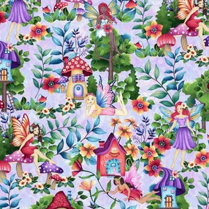 May include: A whimsical pattern featuring fairies, mushroom houses, and colorful flowers. The illustration has a light purple background with green leaves and branches. The fairies have wings and are wearing dresses in shades of red, pink, and purple.