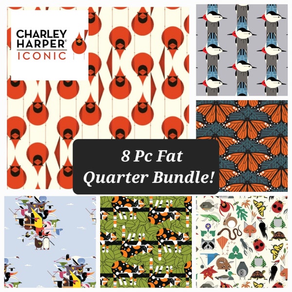 New! Charley Harper "Iconic" 8) Pc Fat Quarter Fabric Bundle! 100% Organic Cotton! 18" x 22" GORGEOUS! Full Of Favorites! FREE Ship,in July!