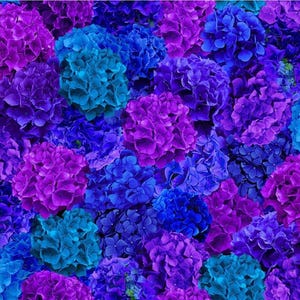 New! &quot;Midnight Bloom&quot; Packed Hydrangea Floral, Flower Fabric! 100% Cotton•1/4, 1/2, 1 yd x 45&quot;! Pur/Blue•Timeless Treasures•Fast Ship!