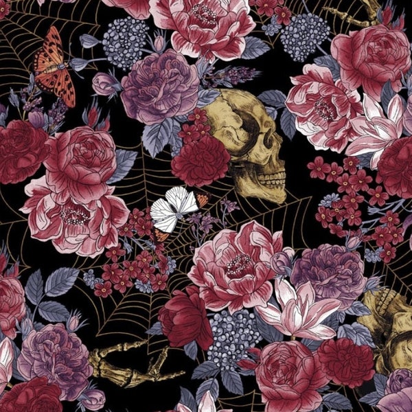 New!"Large Floral and Bones" Skulls, Floral, Bones Collection Fabric! 100% Cotton 1/4, 1/2, or 1 yd x 43"!•Gorgeous! Lots In Stock! Fast Shi